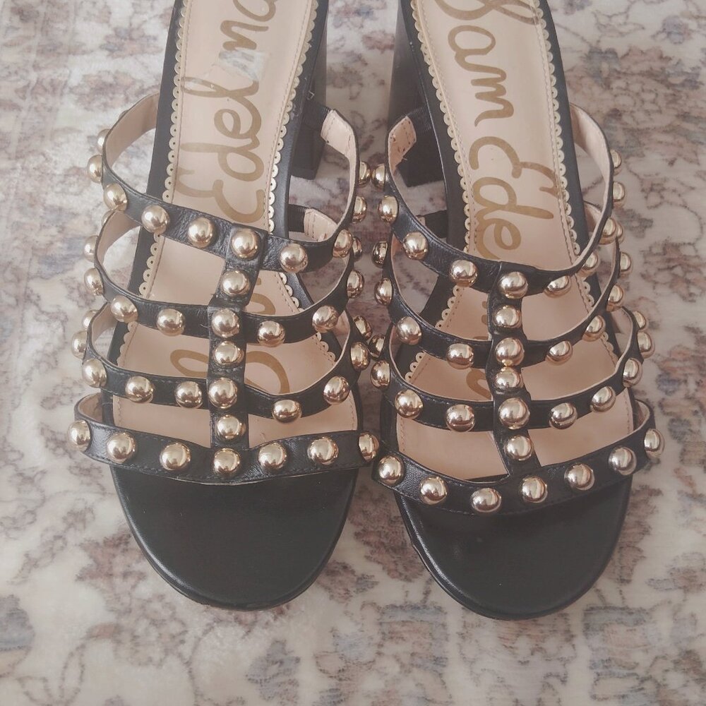 Size 10 - 10.5 leather black gold studs Sam Edelman Heeled Sandal 3 inch heal